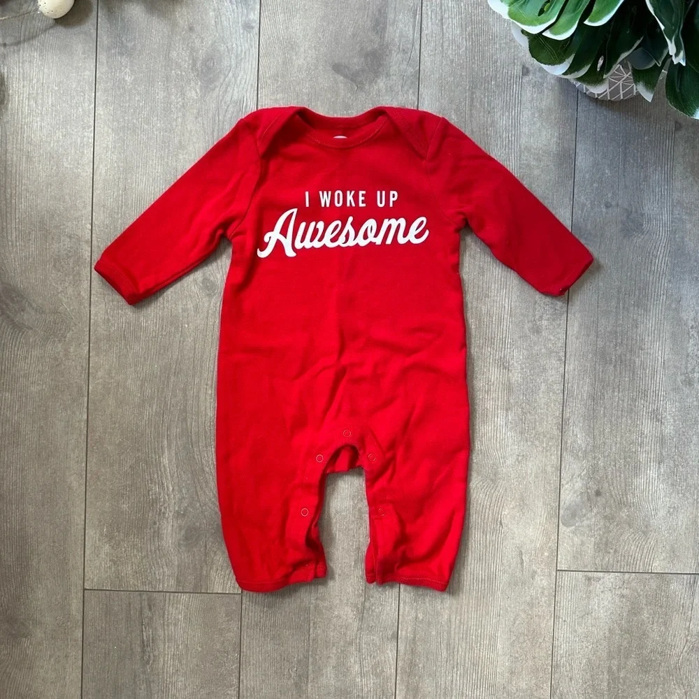 Old Navy Red 'I Woke Up Awesome' Kids One Piece Coveralls Romper 3-6 Months